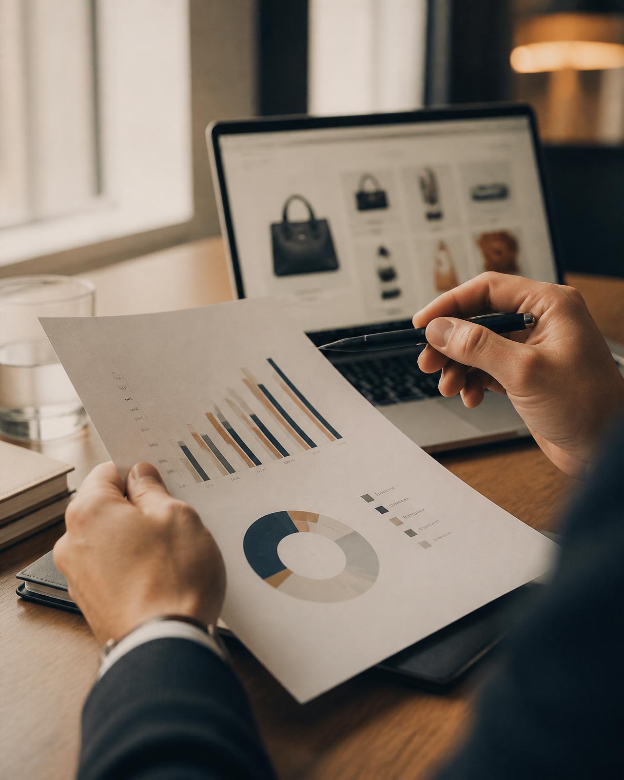 Consultor SGE analisando indicadores comerciais e uma vitrine de marketplace