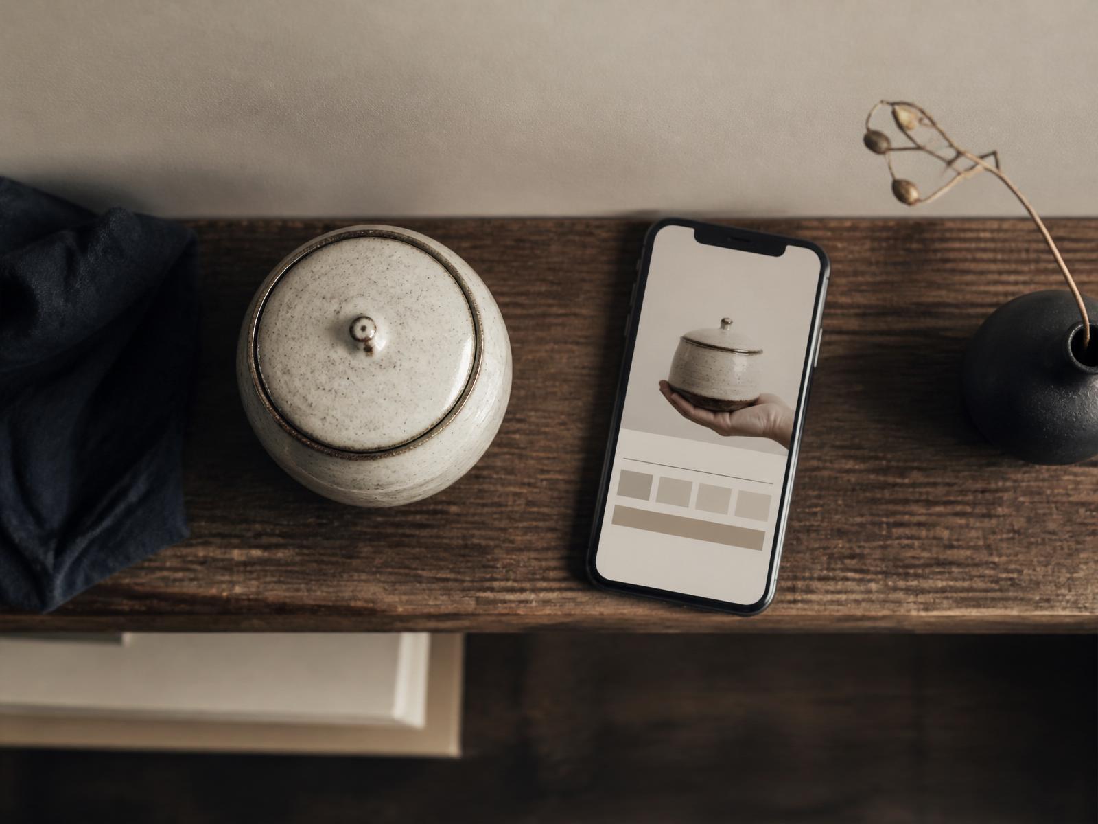 Produto físico em prateleira ao lado de um smartphone exibindo uma vitrine de marketplace