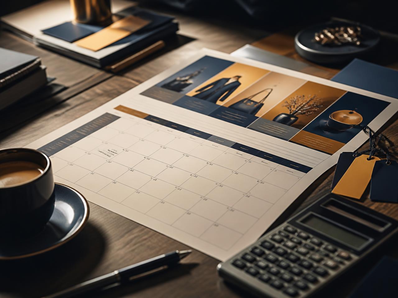 Calendário de campanhas comerciais sobre uma mesa com calculadora e etiquetas de preço