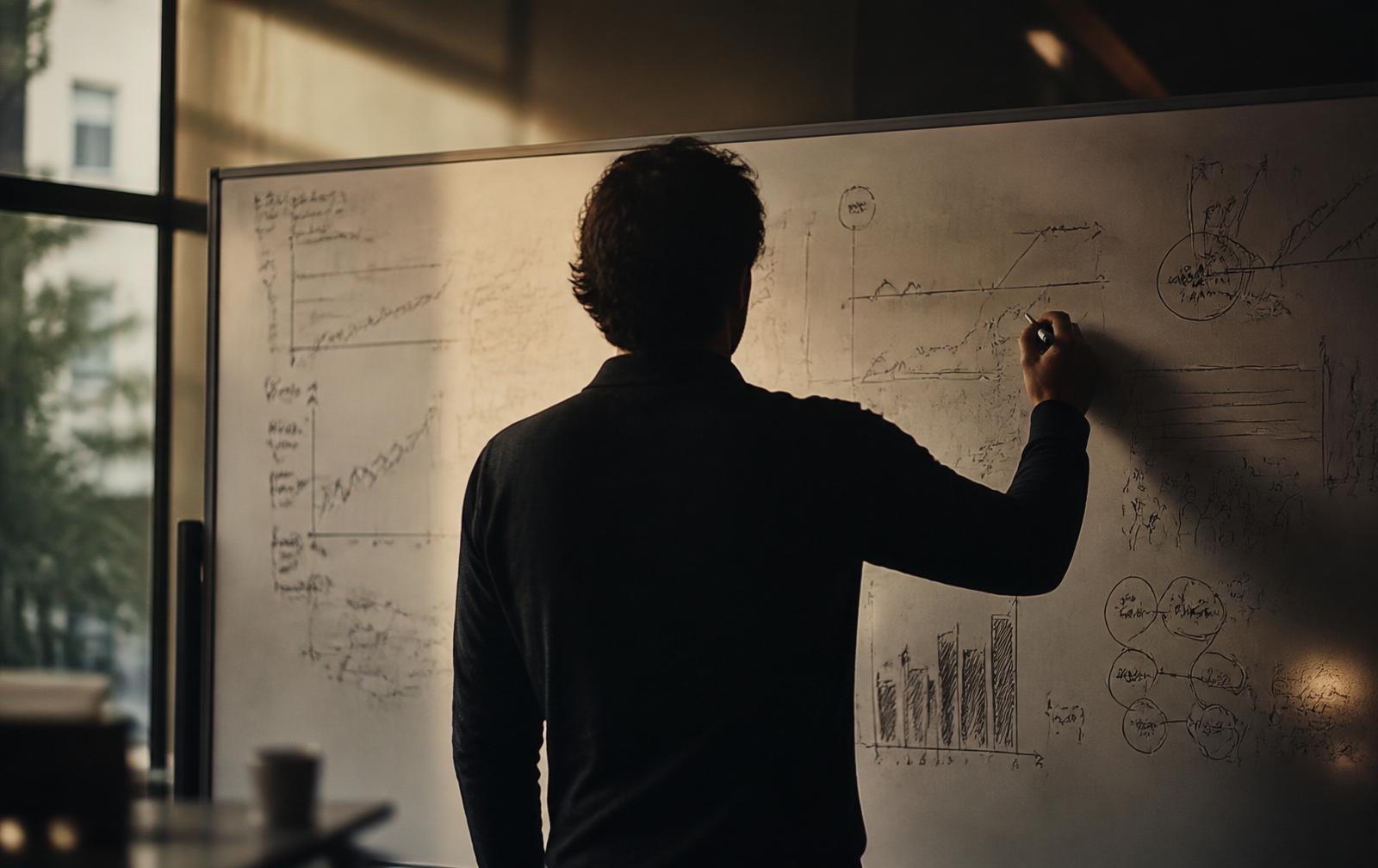 Silhueta de consultor da SGE trabalhando em um quadro com diagramas de decisão comercial